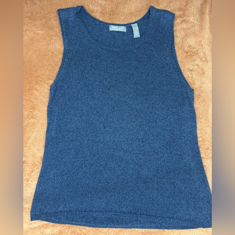 Kate Hill Blue Linen Cotton Sleeveless Knit Tank Top
